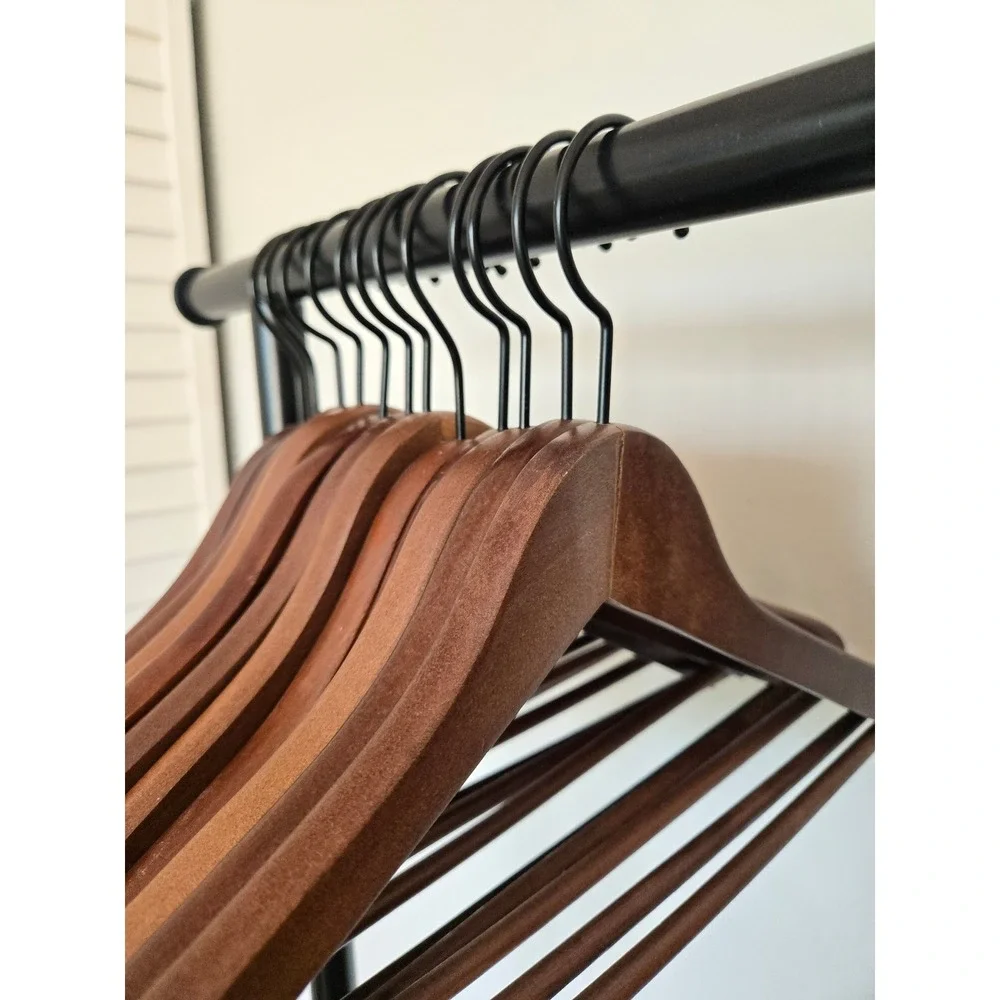 Set of 12 Mahogany Wood Hangers Black Metal Hook Contoured Shoulder Brown